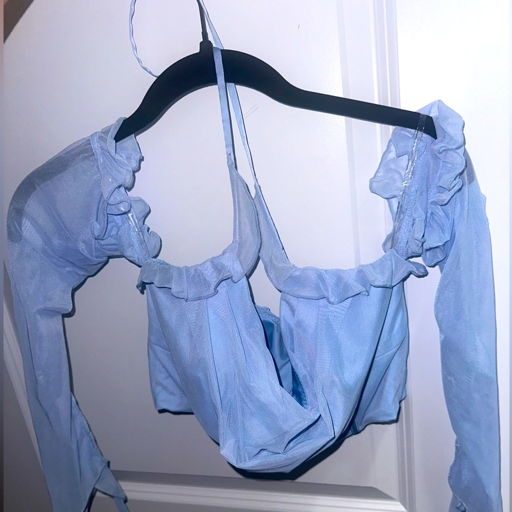 Long Sleeve Cowl Neck Corset Crop Top in Light Blue